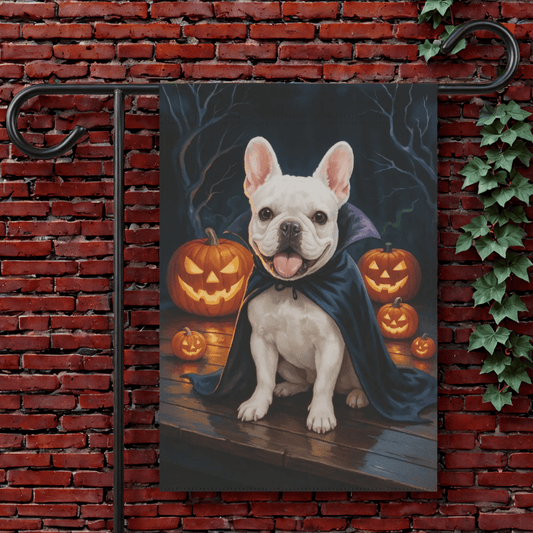 Printify Garden Flag 12'' × 18'' White French Bulldog Halloween Garden Flag