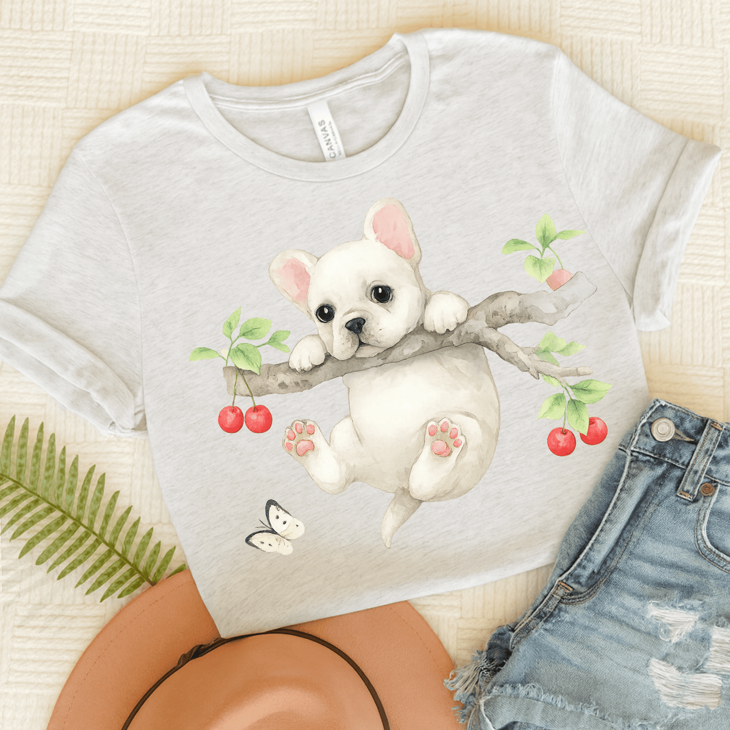 Printify T-Shirt Ash / S White French Bulldog Hang In There Tshirt