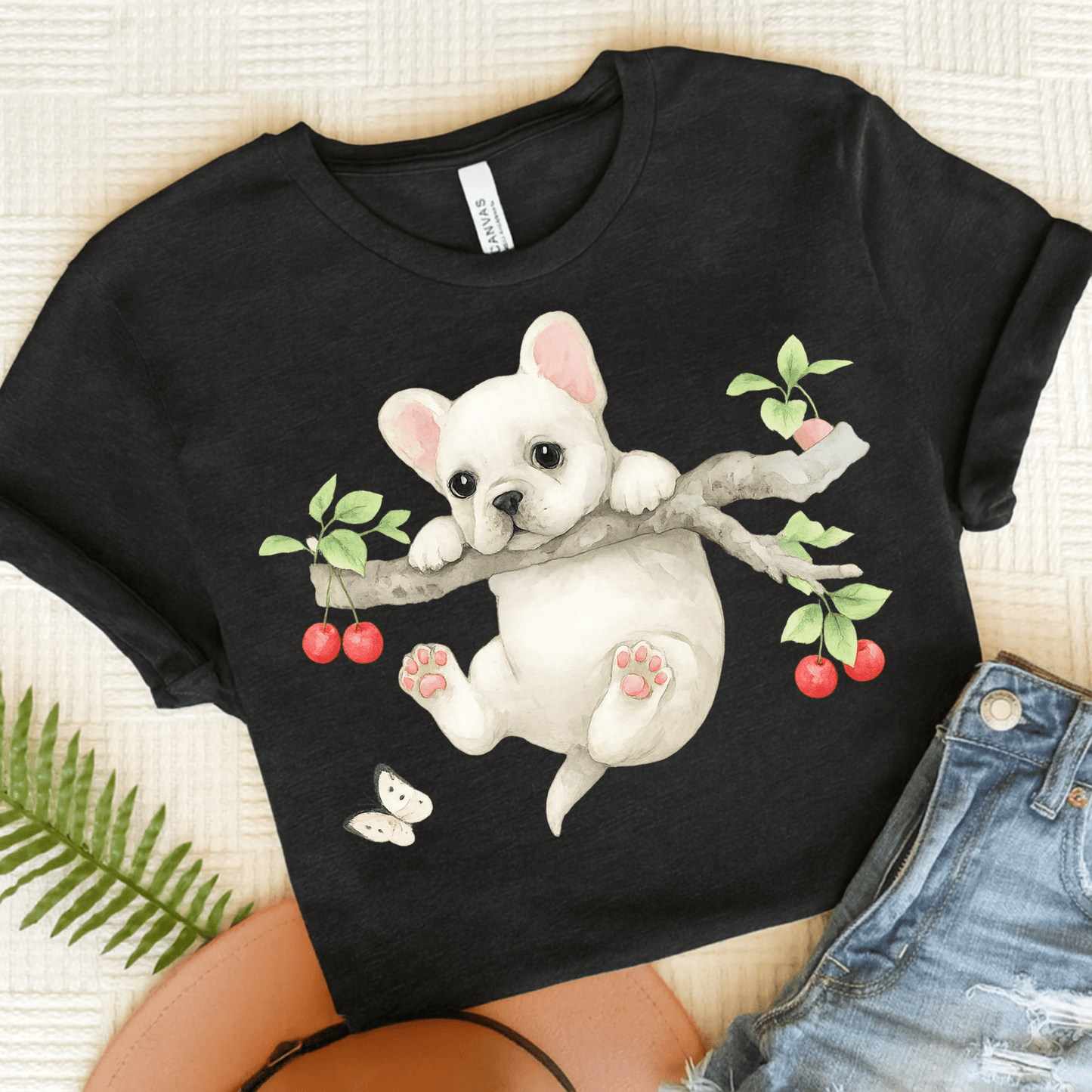 Printify T-Shirt Solid Black Blend / S White French Bulldog Hang In There Tshirt