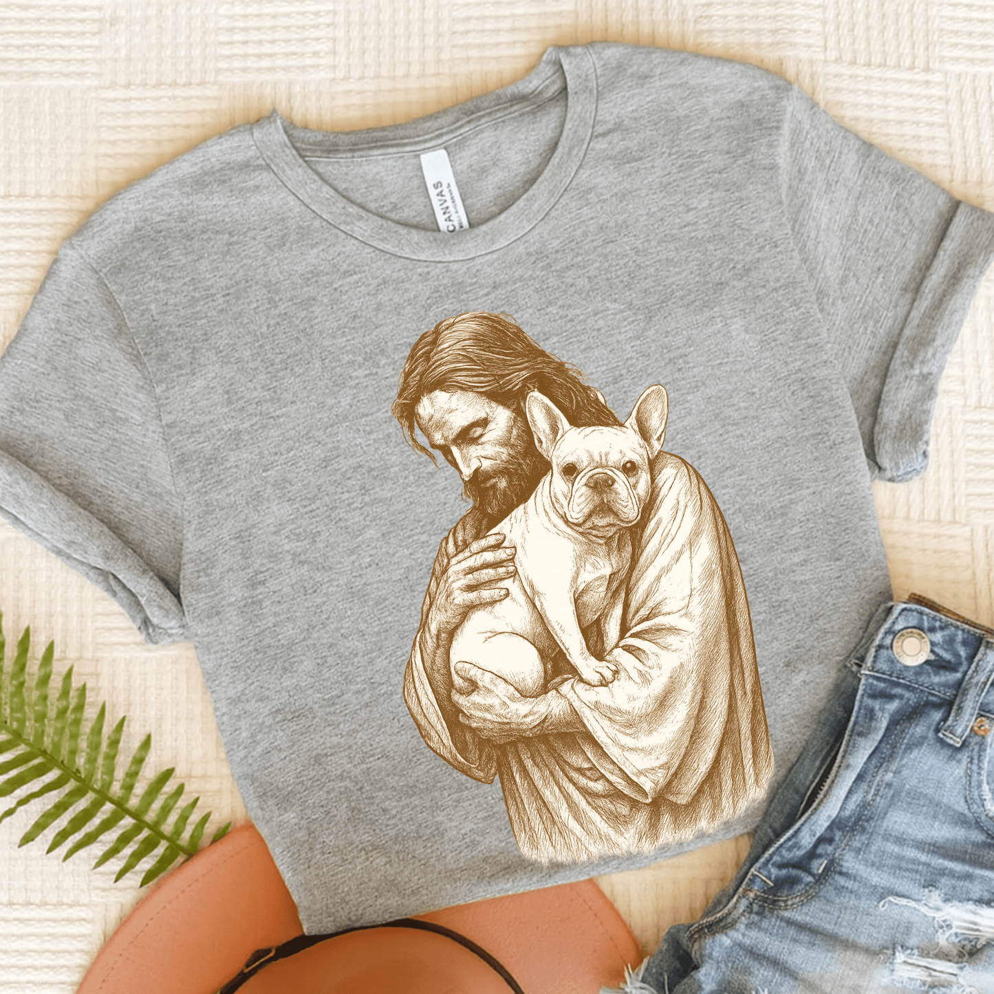 White French Bulldog Jesus TShirt Athletic Heather