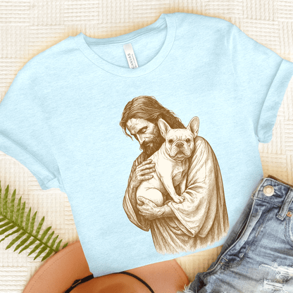 White French Bulldog Jesus TShirt Heather Ice Blue