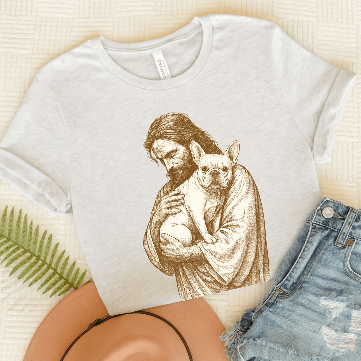 White French Bulldog Jesus TShirt Ash