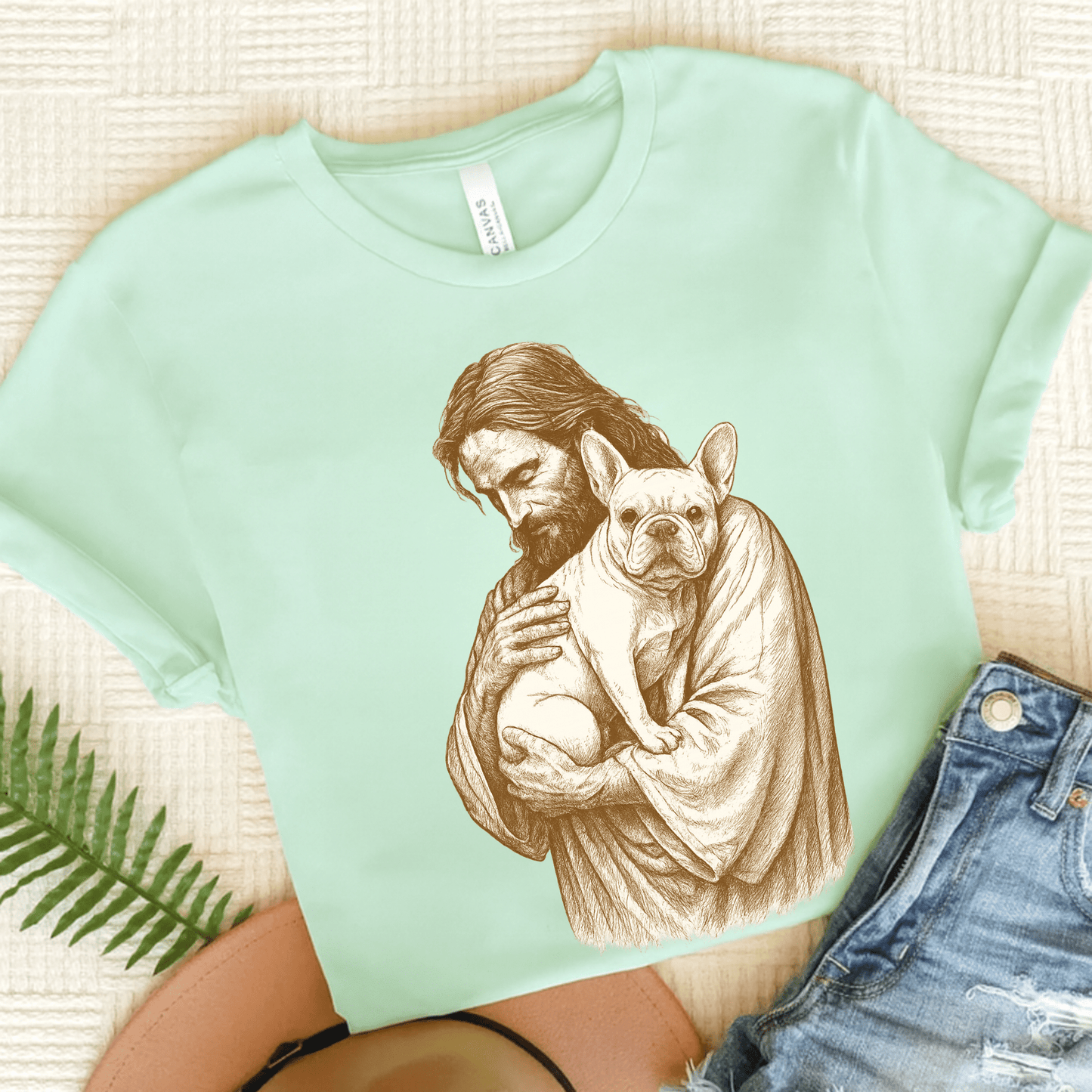 White French Bulldog Jesus TShirt Heather Mint