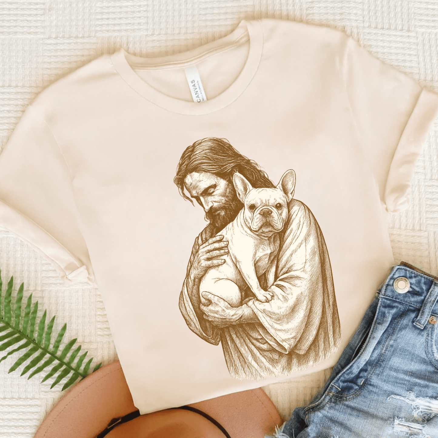 White French Bulldog Jesus TShirt Natural