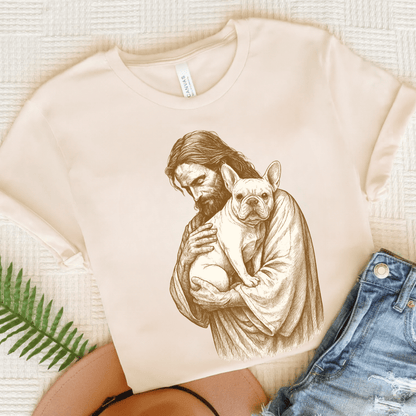 White French Bulldog Jesus TShirt Natural