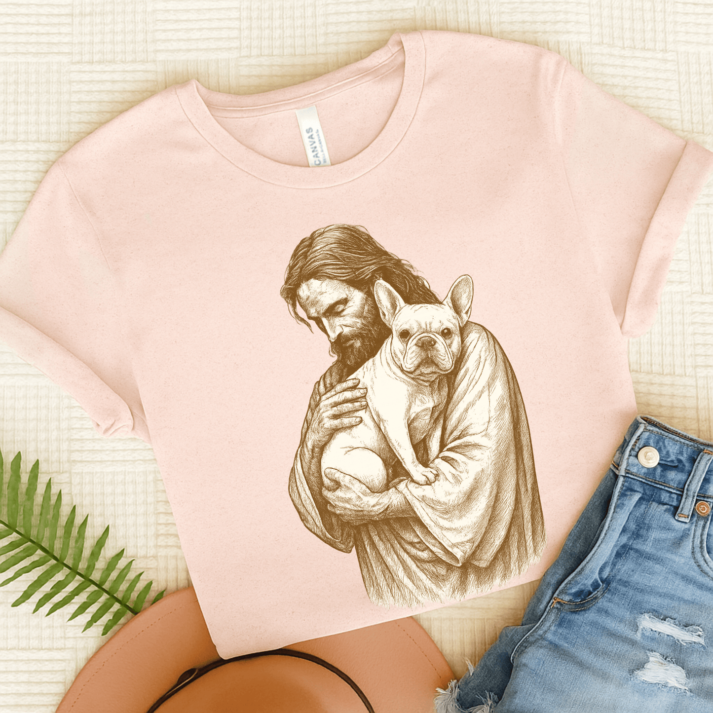 White French Bulldog Jesus TShirt Soft Pink