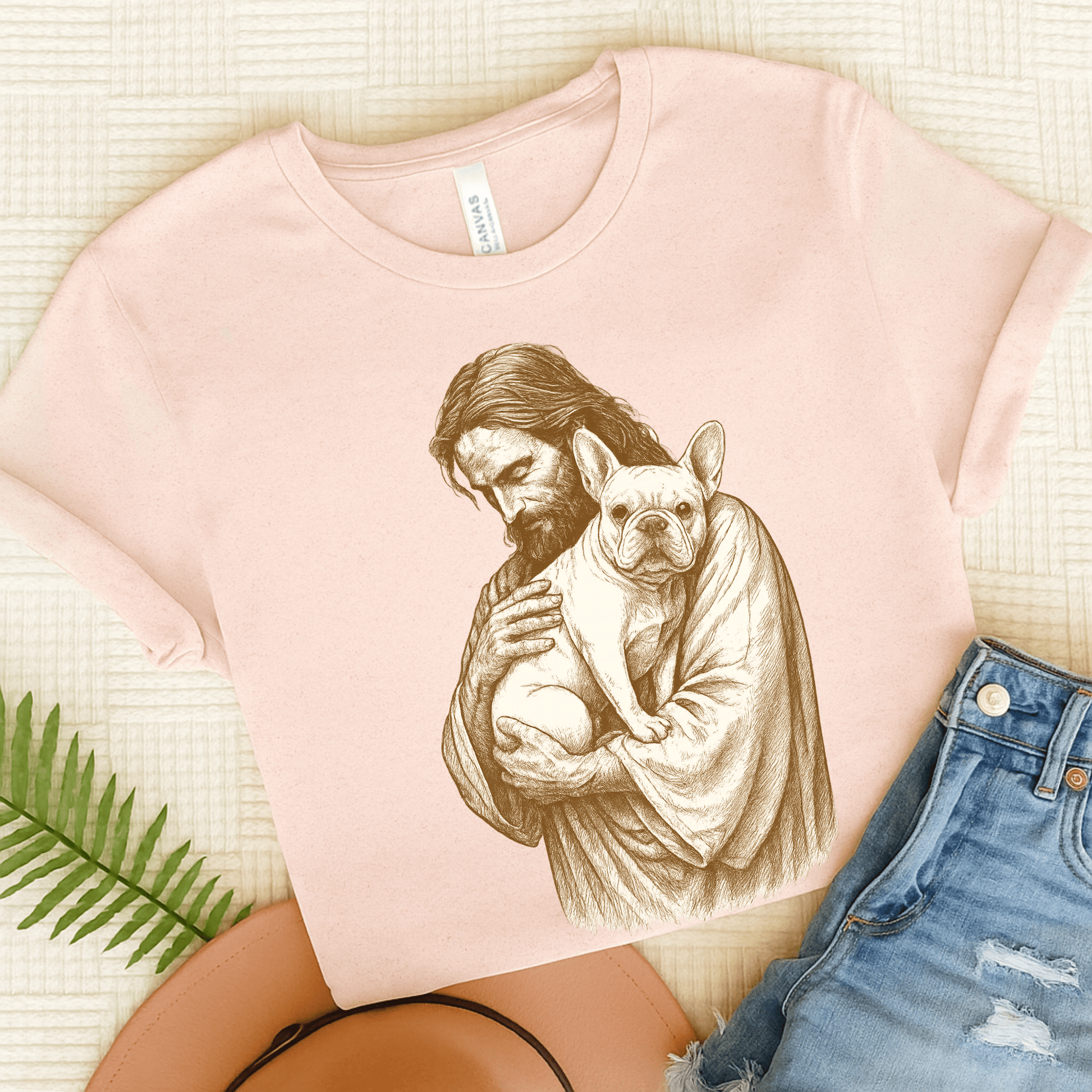 White French Bulldog Jesus TShirt Soft Pink