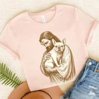 White French Bulldog Jesus TShirt Soft Pink