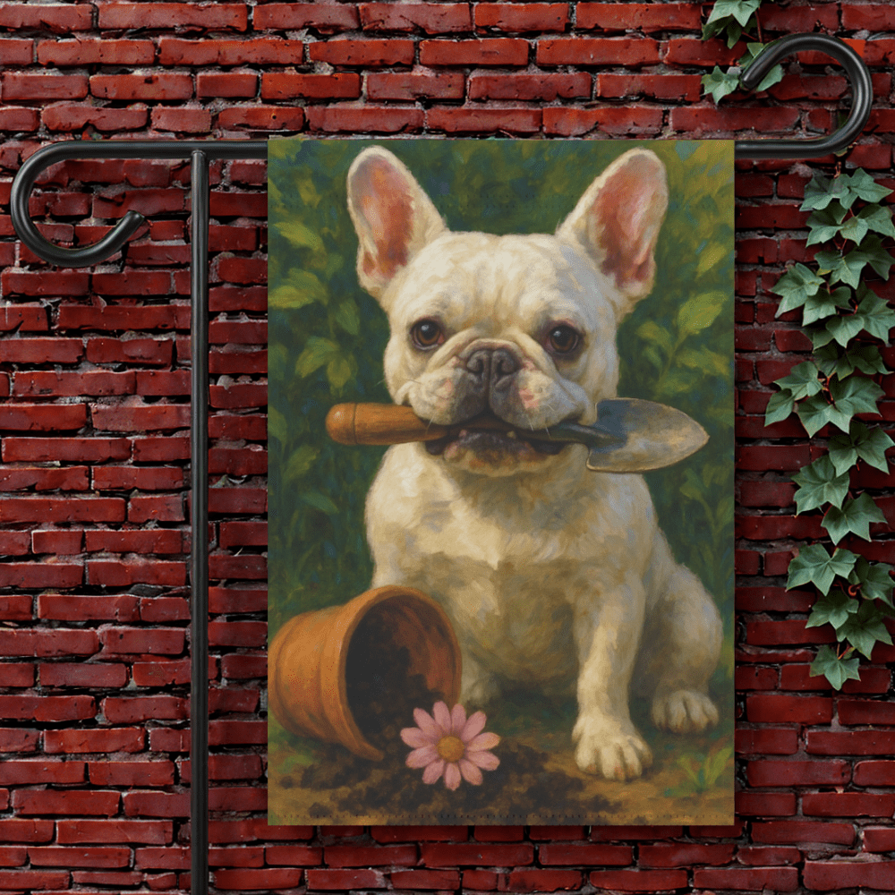 White French Bulldog Little Gardener Garden Flag 12'' × 18''
