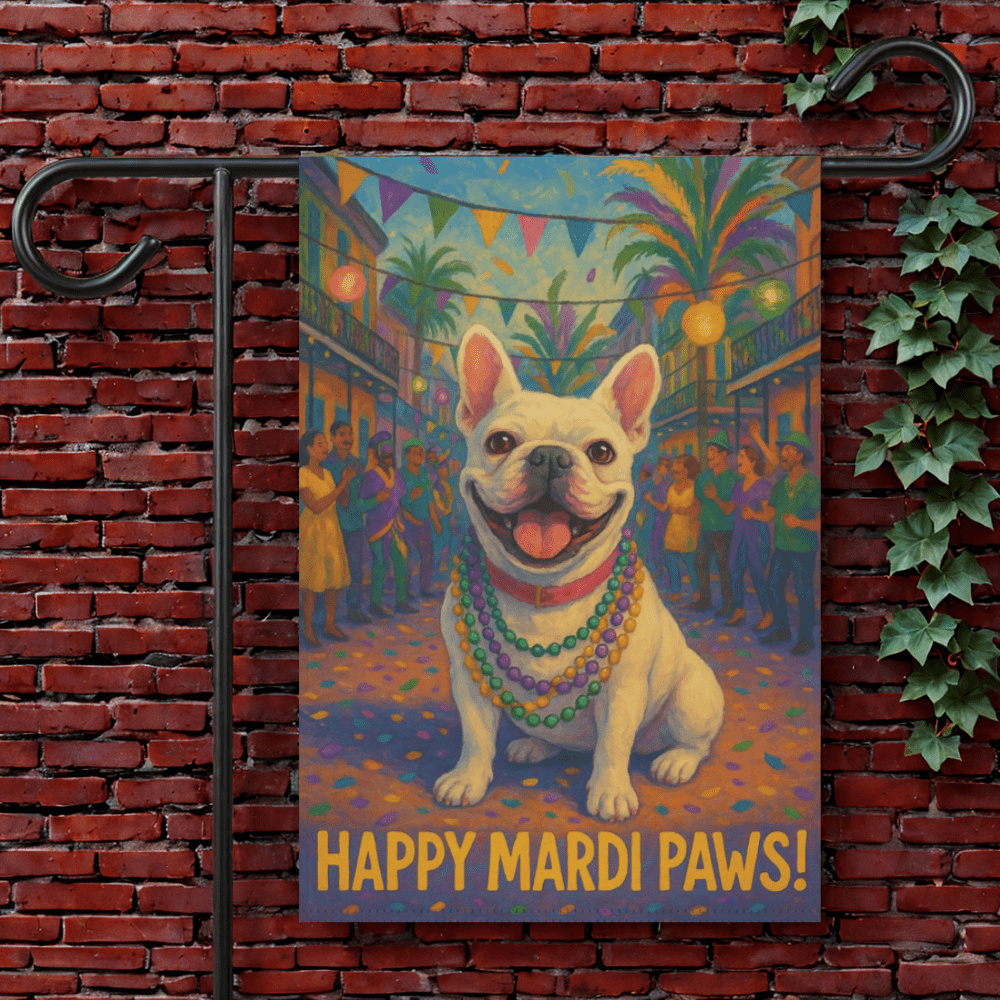 White French Bulldog Mardi Gras Paws Garden Flag 12'' × 18''
