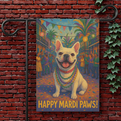 White French Bulldog Mardi Gras Paws Garden Flag 12'' × 18''