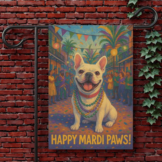 White French Bulldog Mardi Gras Paws Garden Flag 12'' × 18''