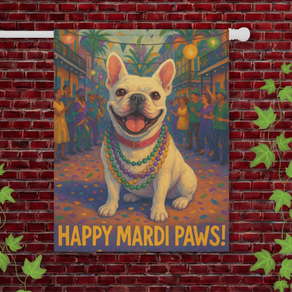 White French Bulldog Mardi Gras Paws Garden Flag 24.5'' × 32''