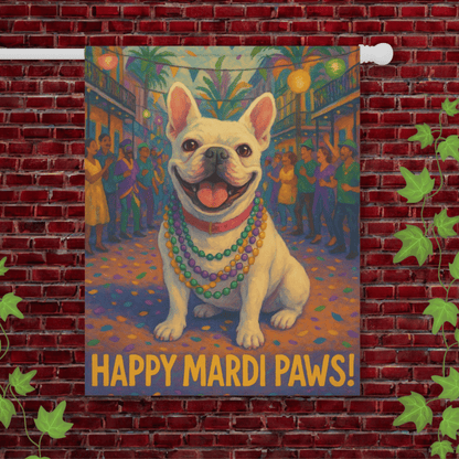 White French Bulldog Mardi Gras Paws Garden Flag 24.5'' × 32''