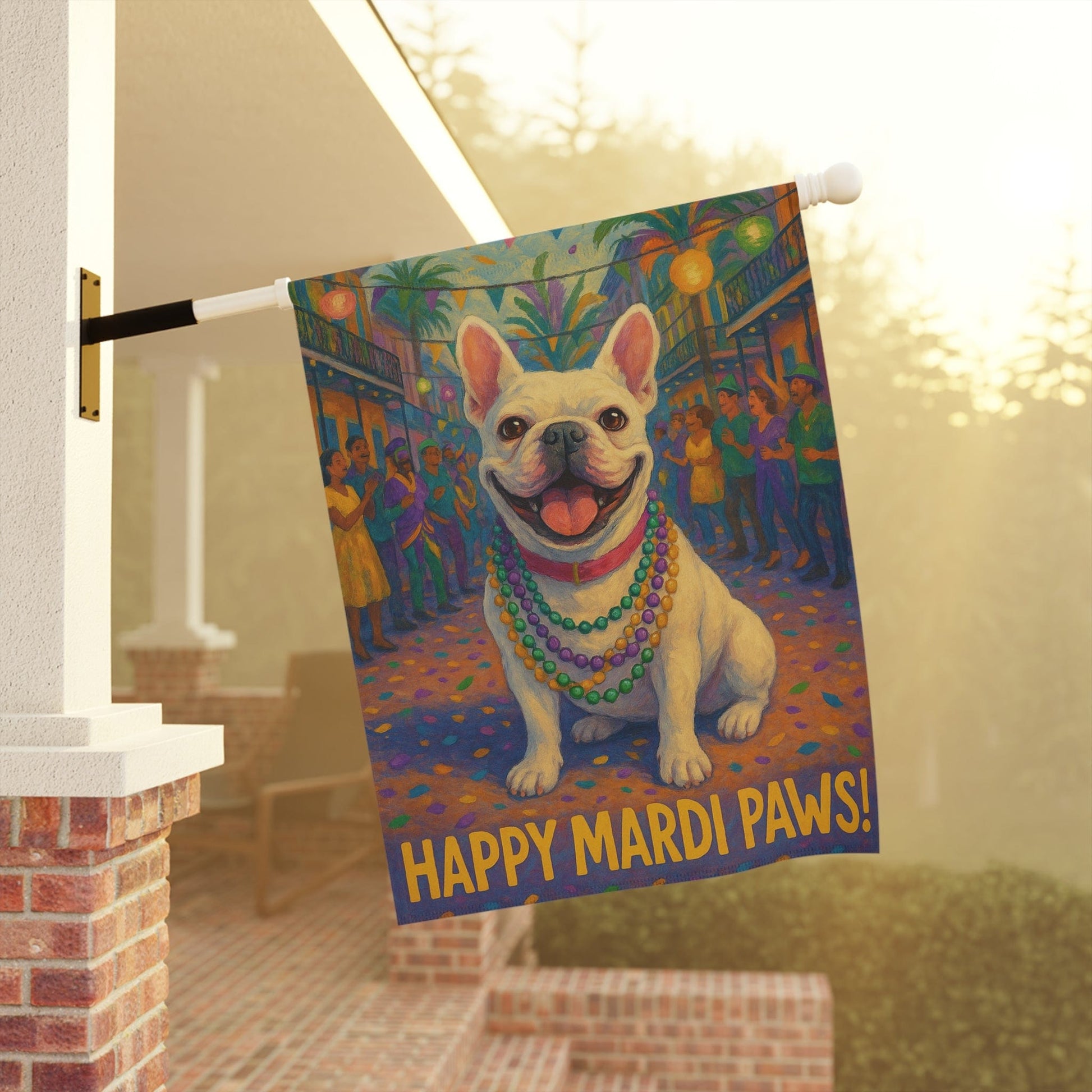 White French Bulldog Mardi Gras Paws Garden Flag