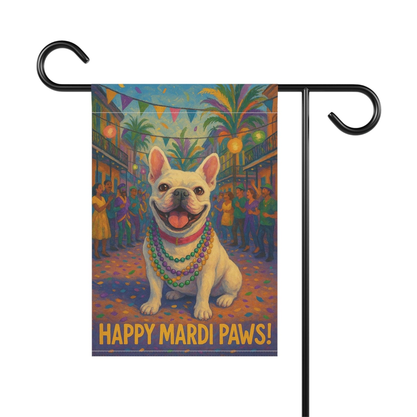 White French Bulldog Mardi Gras Paws Garden Flag