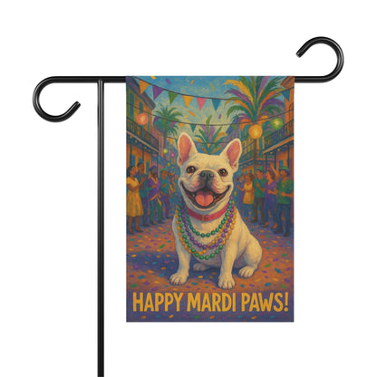 White French Bulldog Mardi Gras Paws Garden Flag