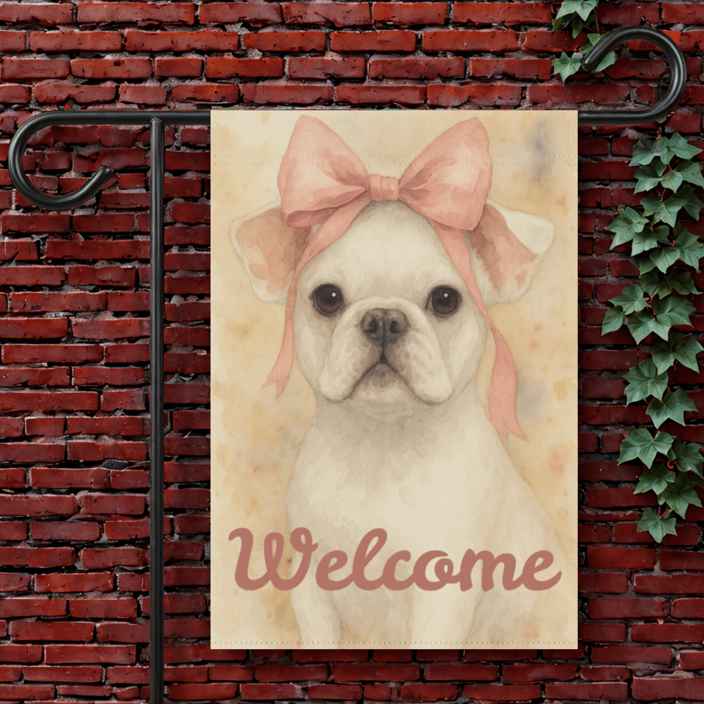White French Bulldog Pink Coquette Garden Flag 12'' × 18''