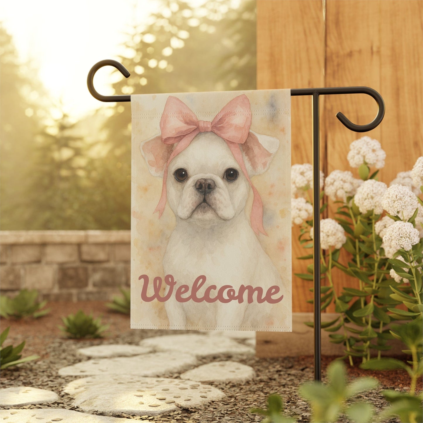 White French Bulldog Pink Coquette Garden Flag