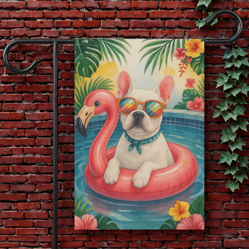 White French Bulldog Pool Garden Flag 12'' × 18''
