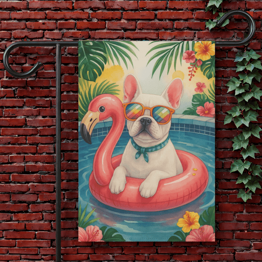 White French Bulldog Pool Garden Flag 12'' × 18''