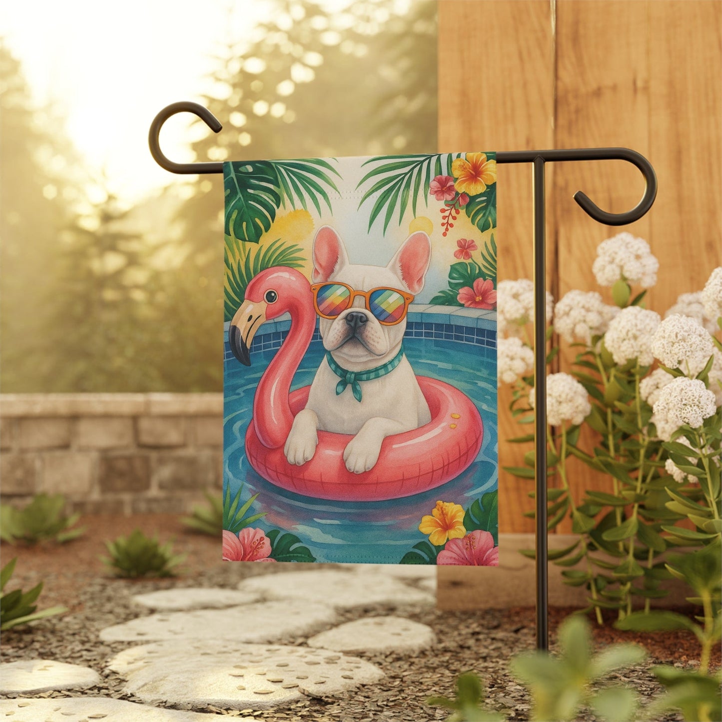 White French Bulldog Pool Garden Flag