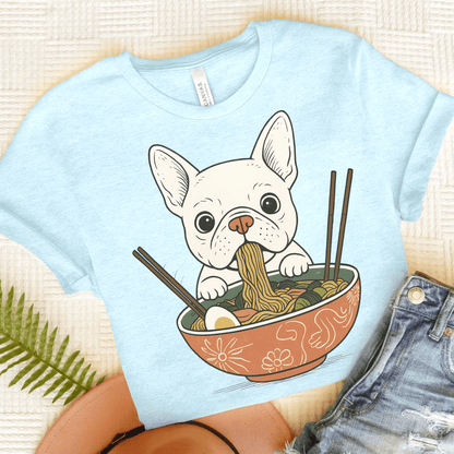 Printify T-Shirt Heather Ice Blue / S White French Bulldog Ramen TShirt