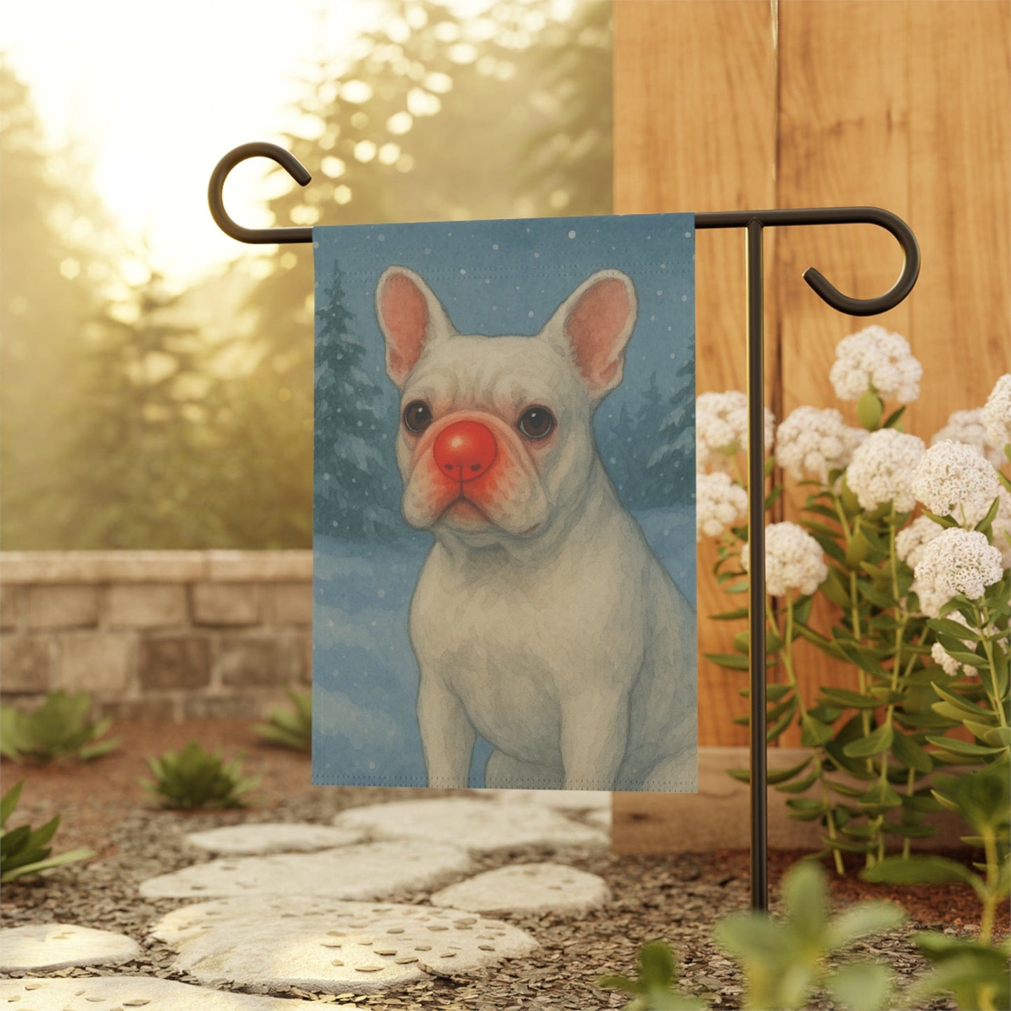 White French Bulldog Reindeer Garden Flag