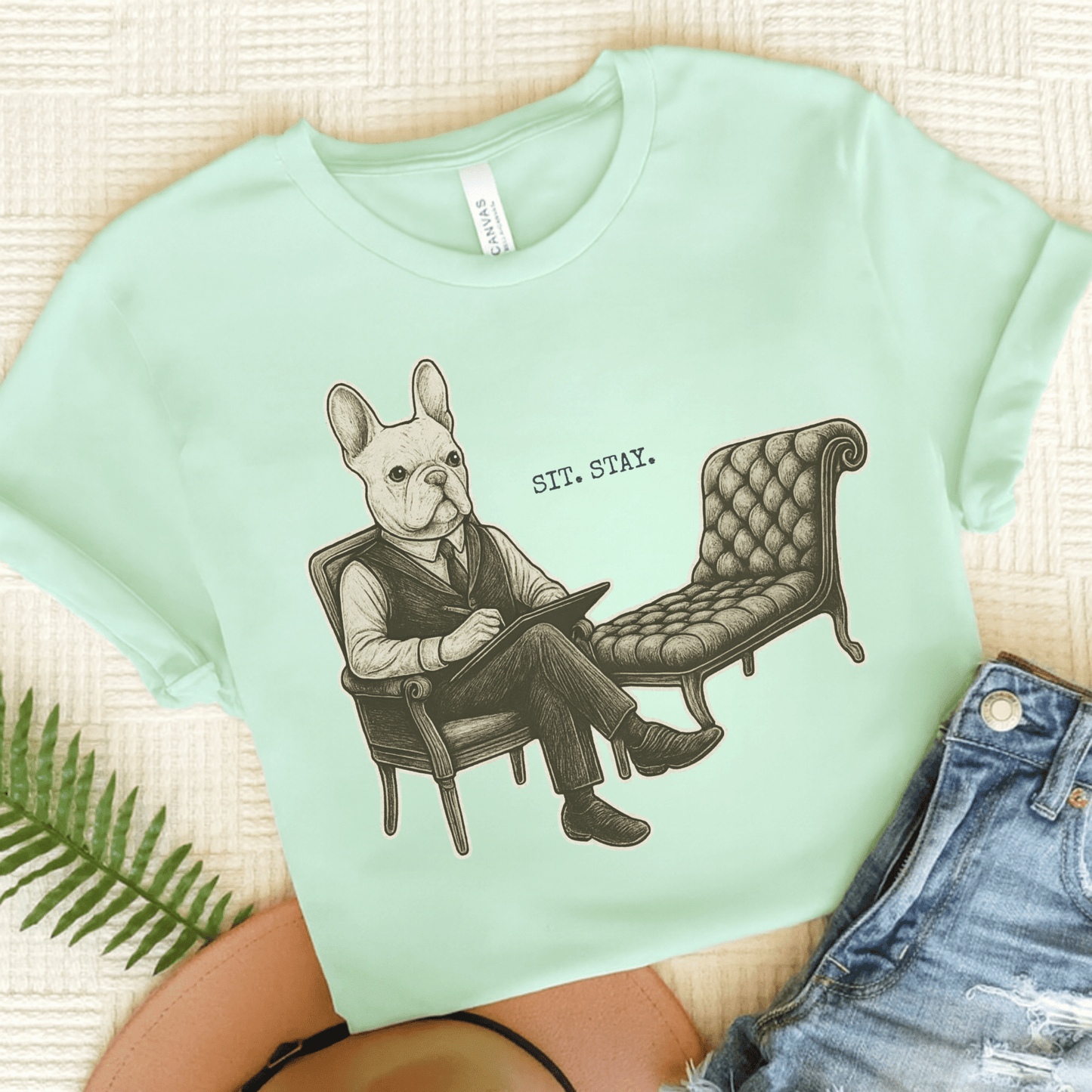 Printify T-Shirt Heather Mint / S White French Bulldog Sit Stay TShirt