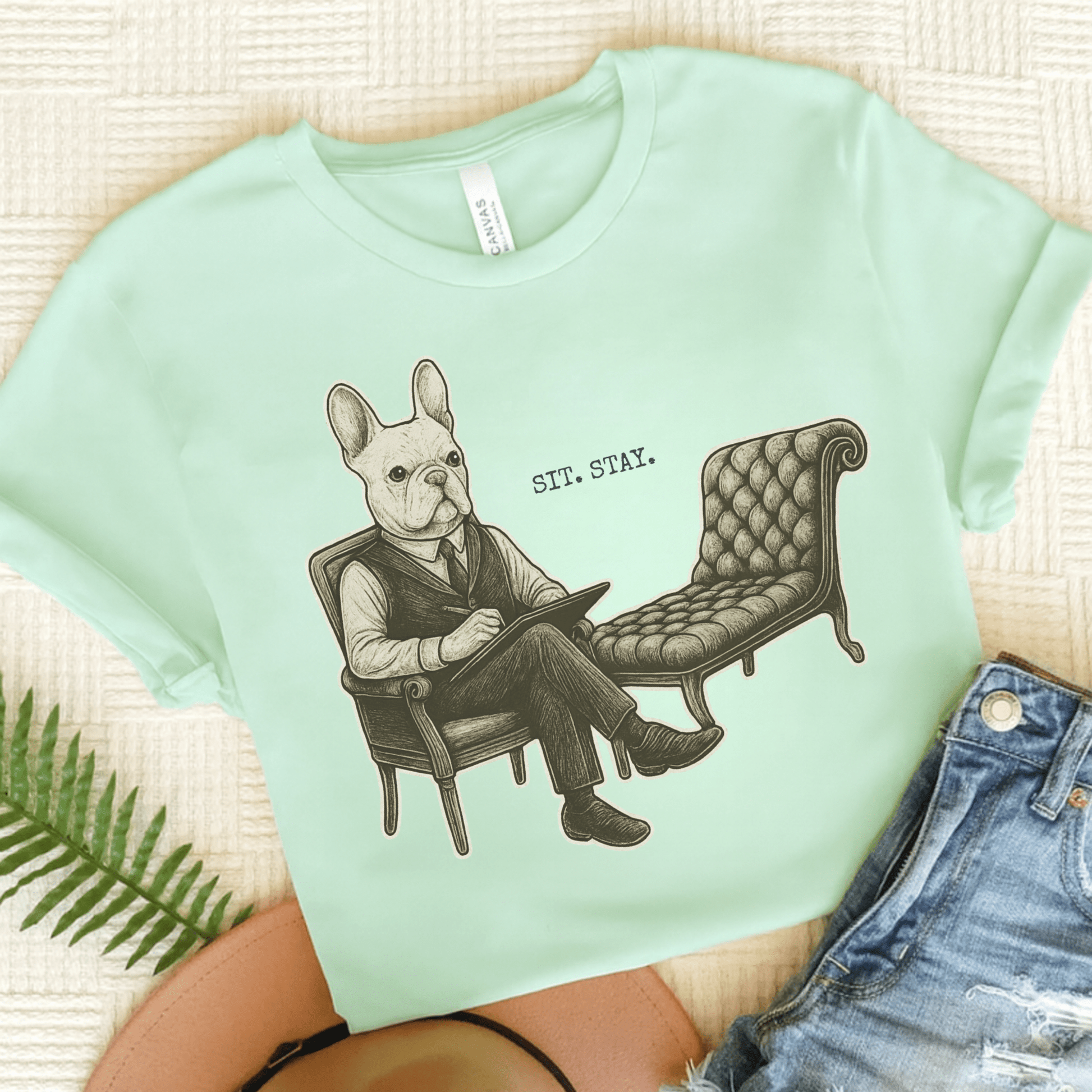 Printify T-Shirt Heather Mint / S White French Bulldog Sit Stay TShirt