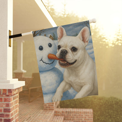 White French Bulldog Snowman Garden Flag