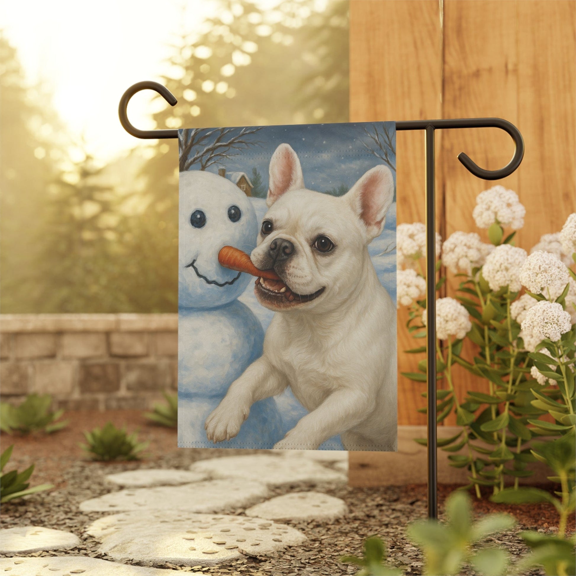 White French Bulldog Snowman Garden Flag