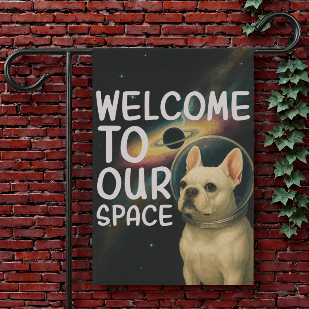 White French Bulldog Space Garden Flag 12'' × 18''