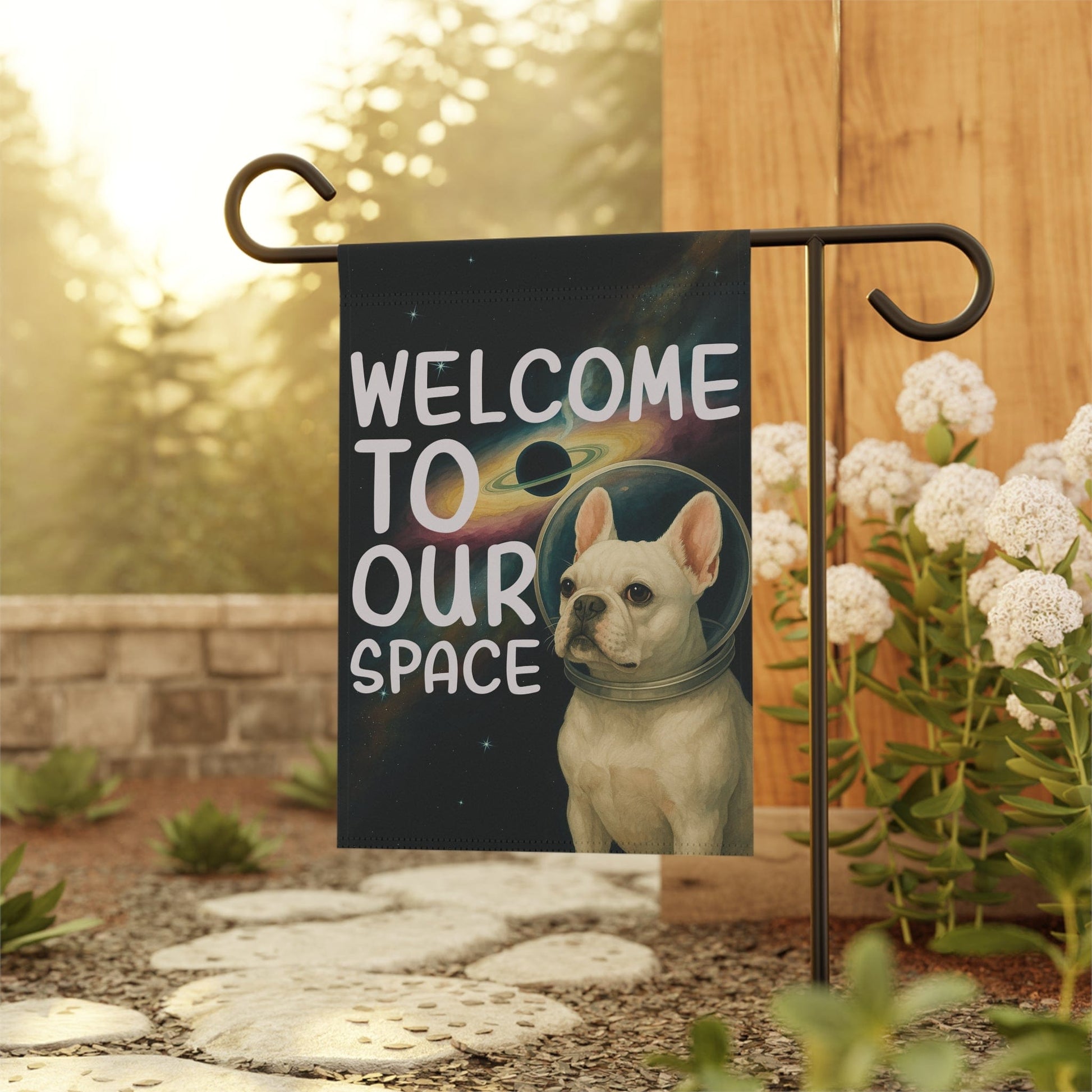White French Bulldog Space Garden Flag