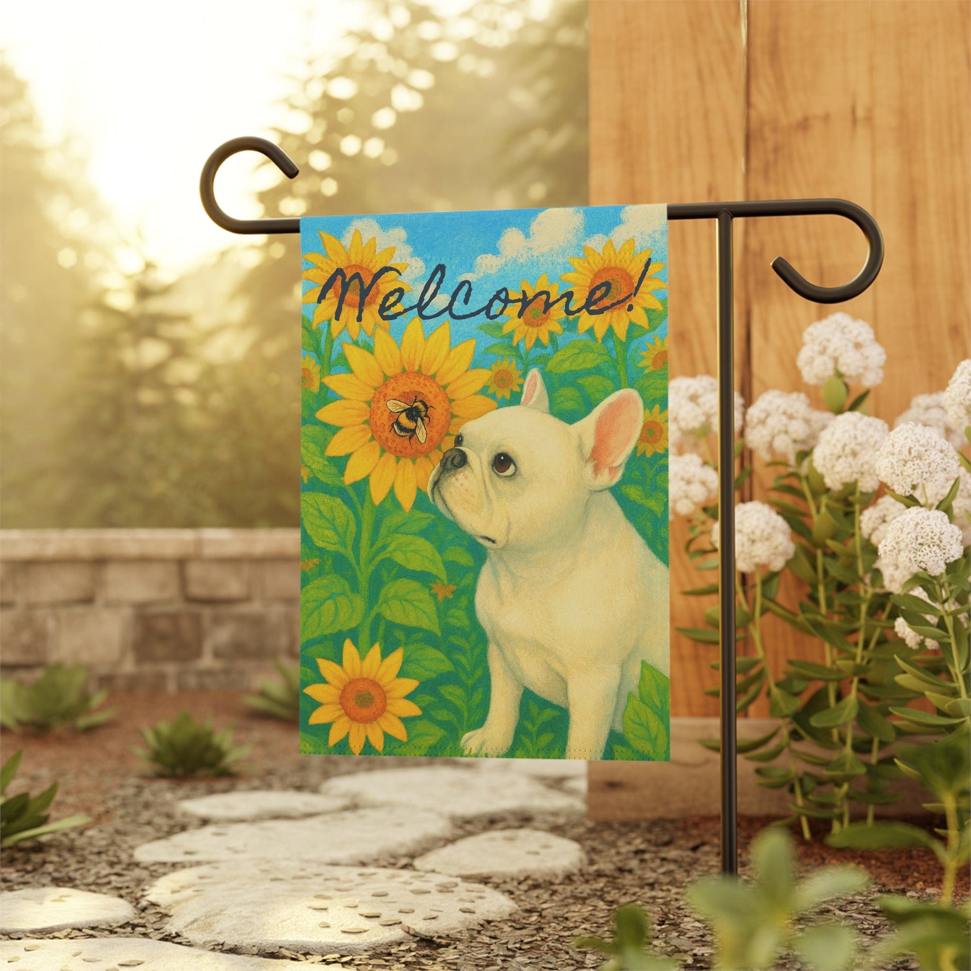 White French Bulldog Sunflower Garden Flag