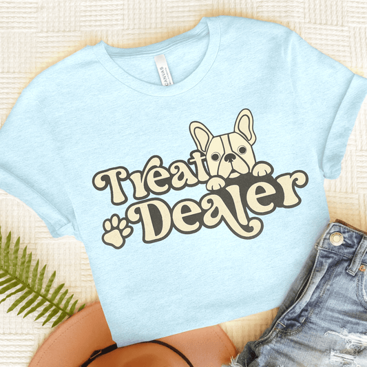 White French Bulldog Treat Dealer TShirt Heather Ice Blue