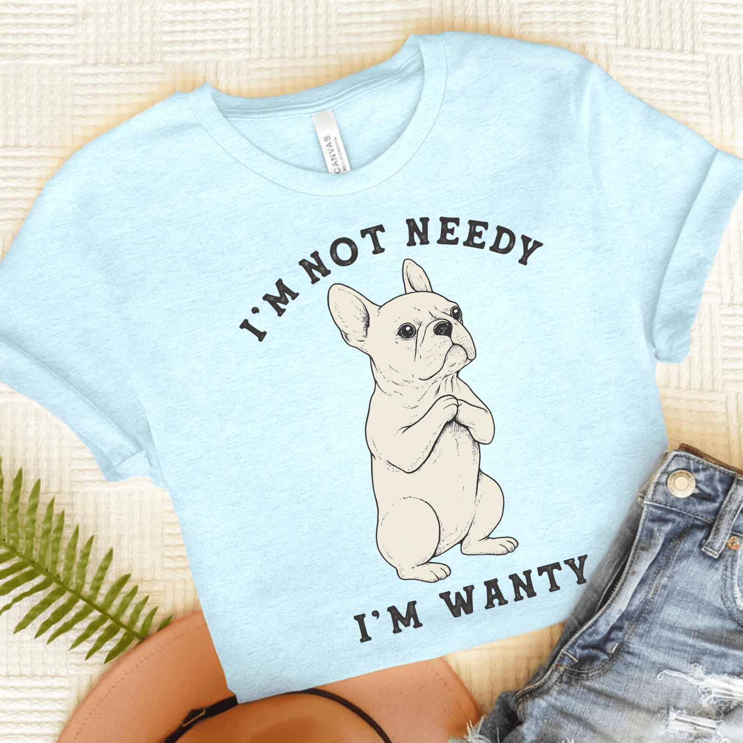 White French Bulldog Wanty TShirt Heather Ice Blue