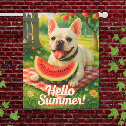 Printify Garden Flag 24.5'' × 32'' White French Bulldog Watermelon Garden Flag