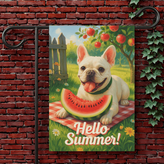 Printify Garden Flag 12'' × 18'' White French Bulldog Watermelon Garden Flag