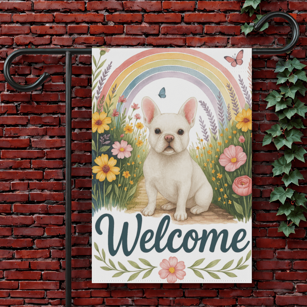 White French Bulldog Welcome Garden Flag 12'' × 18''