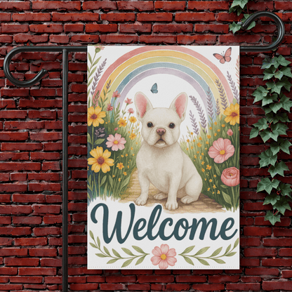 White French Bulldog Welcome Garden Flag 12'' × 18''