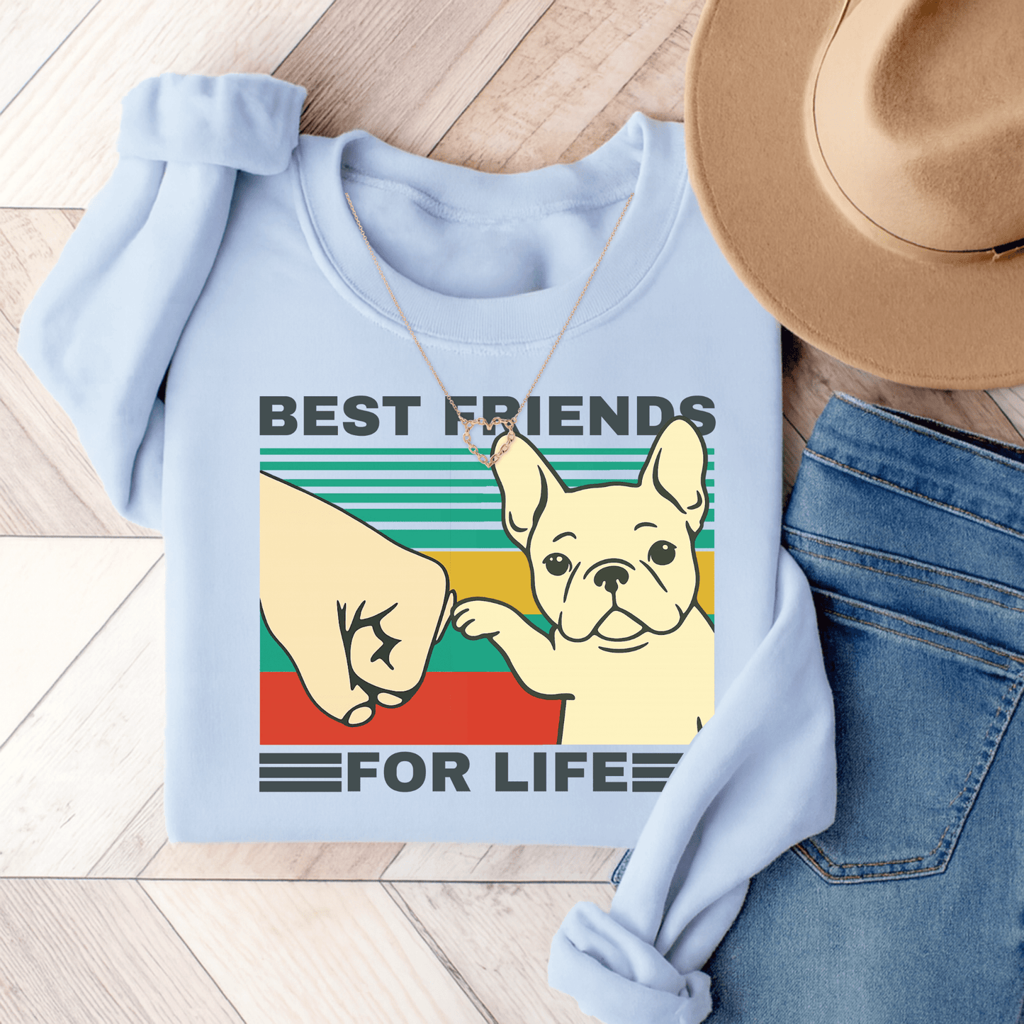 White Frenchie Besties Sweatshirt Light Blue