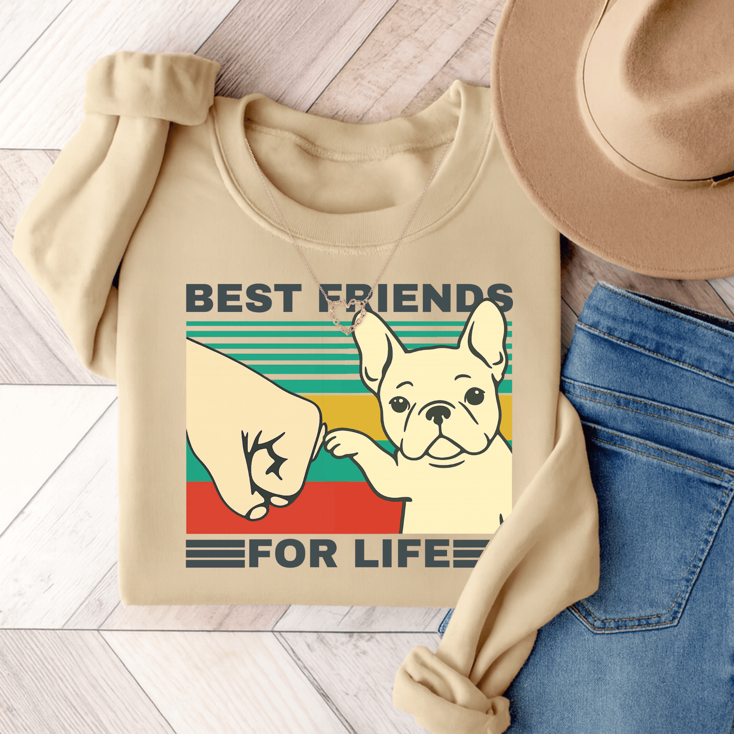 White Frenchie Besties Sweatshirt Sand