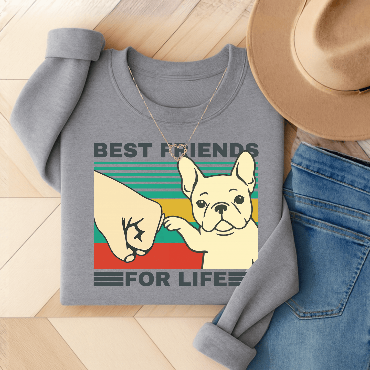 White Frenchie Besties Sweatshirt Sport Grey