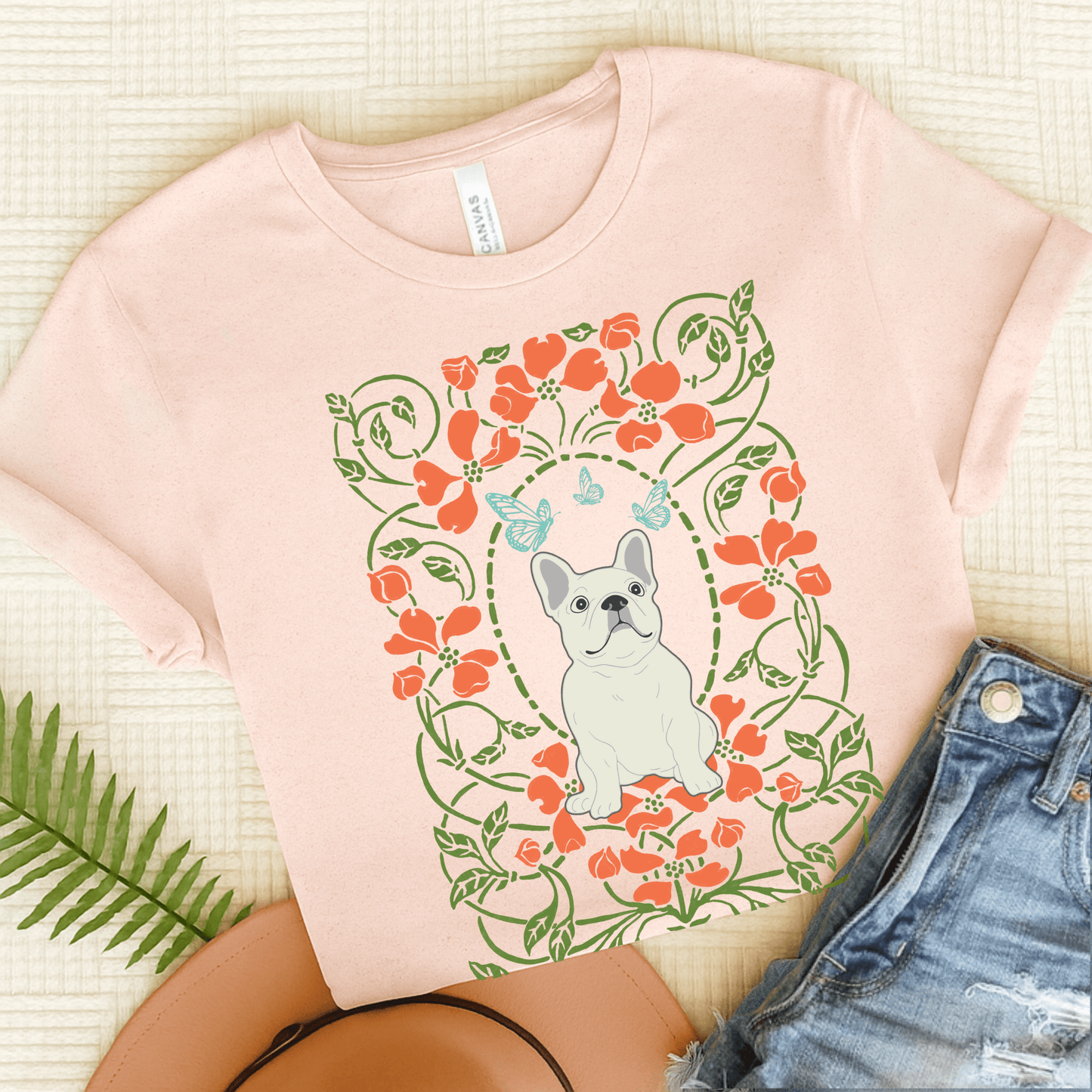 White Frenchie Butterflies Frame TShirt Soft Pink