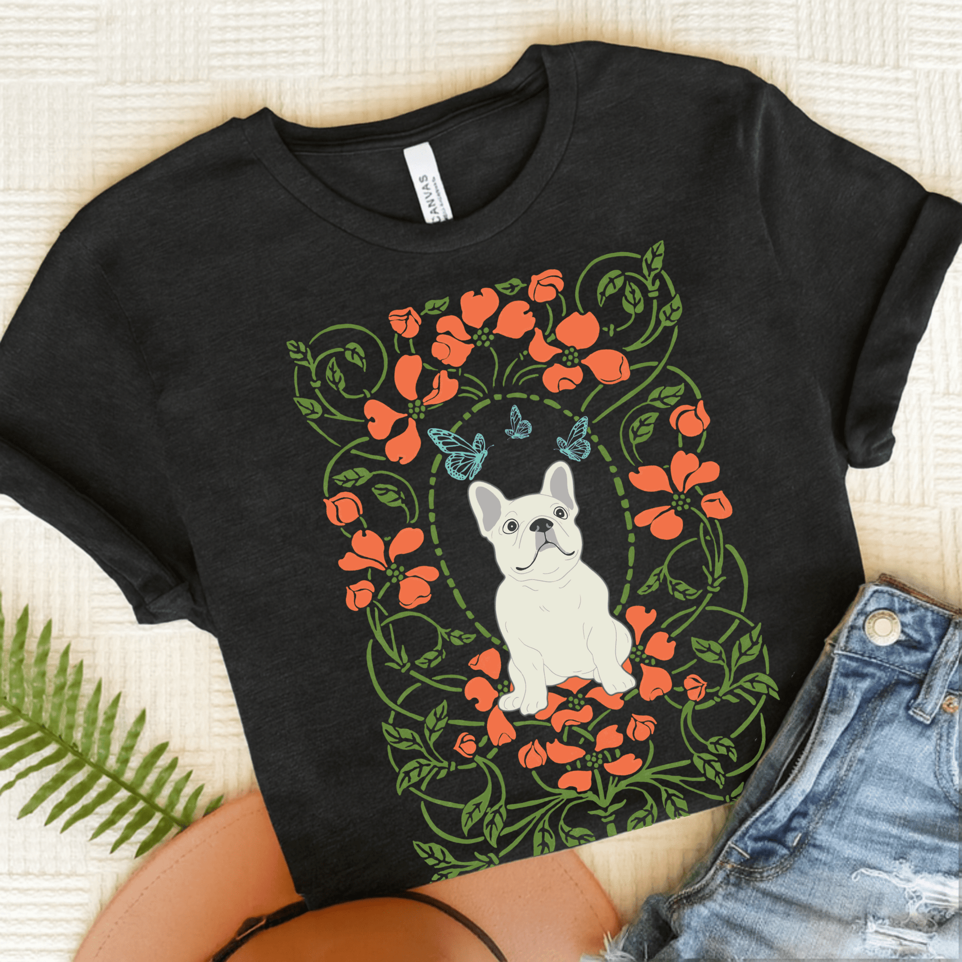 White Frenchie Butterflies Frame TShirt Dark Grey Heather