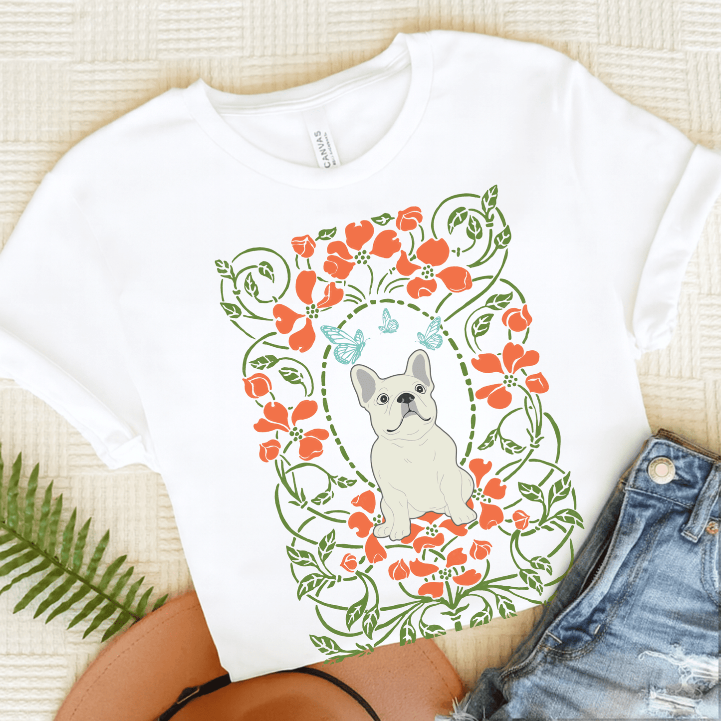 White Frenchie Butterflies Frame TShirt White
