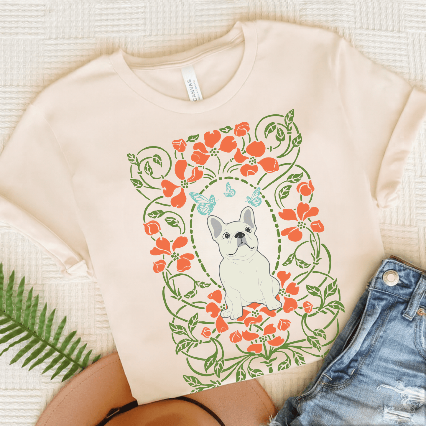 White Frenchie Butterflies Frame TShirt Natural