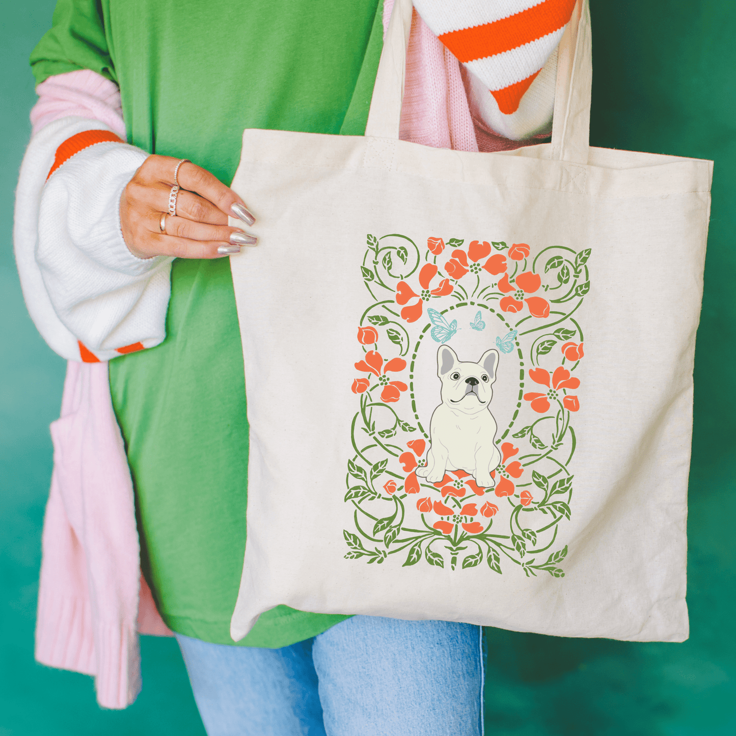 White Frenchie Butterfly Frame Tote Bag Natural 15" x 16"