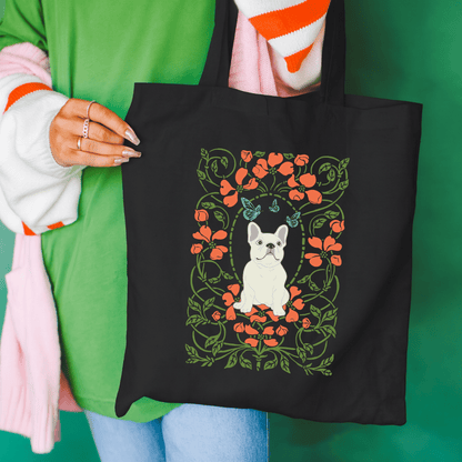 White Frenchie Butterfly Frame Tote Bag Black 15" x 16"